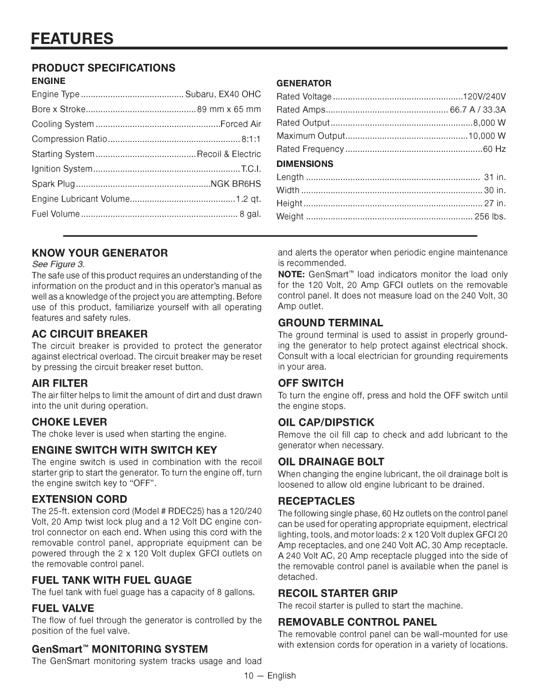 RIDGID RD80011, RD8000 manuel dutilisation Features, Product Specifications, Know Your Generator 