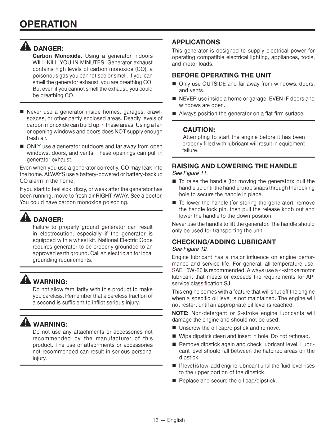 RIDGID RD8000, RD80011 Operation, Applications, Before Operating the Unit, Raising and Lowering the Handle 