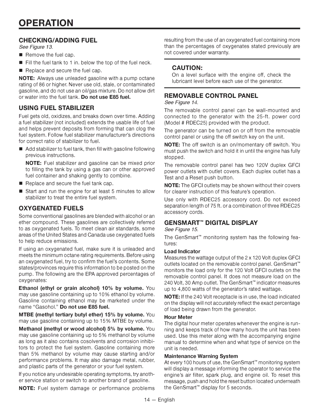 RIDGID RD80011, RD8000 Checking/adding fuel, Using fuel stabilizer, Oxygenated Fuels, GenSmart Digital Display 
