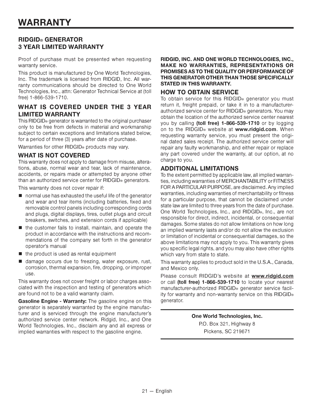 RIDGID RD8000, RD80011 manuel dutilisation What is Covered Under the 3 Year Limited Warranty, What is not Covered 