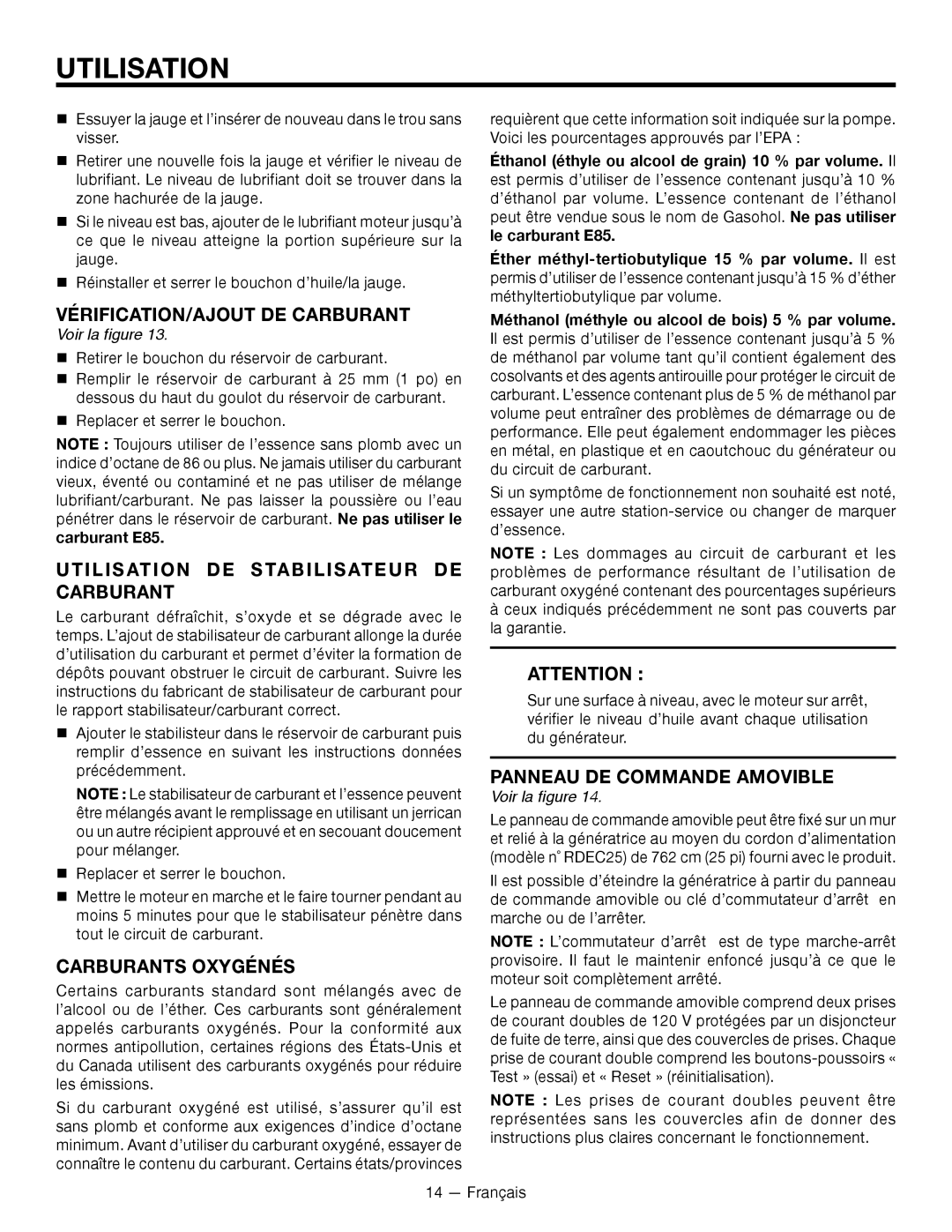 RIDGID RD80011, RD8000 VÉRIFICATION/AJOUT DE Carburant, Utilisation DE Stabilisateur DE Carburant, Carburants Oxygénés 