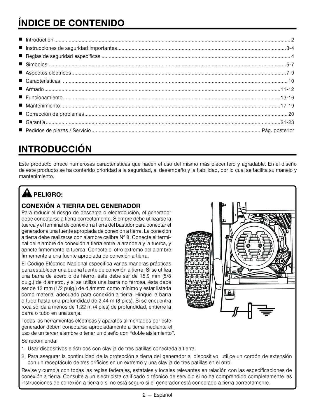 RIDGID RD80011, RD8000 Índice DE Contenido, Introducción, Peligro Conexión a tierra del generador, Pág. posterior 