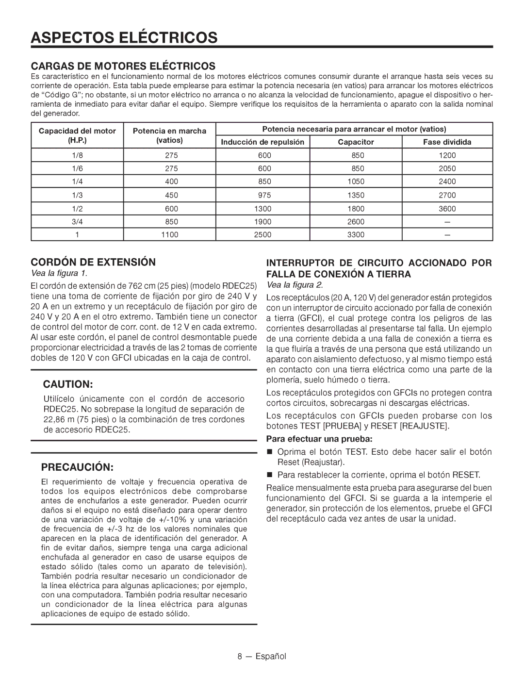 RIDGID RD80011, RD8000 Cargas de motores eléctricos, Cordón de extensión, Vea la figura, Para efectuar una prueba 