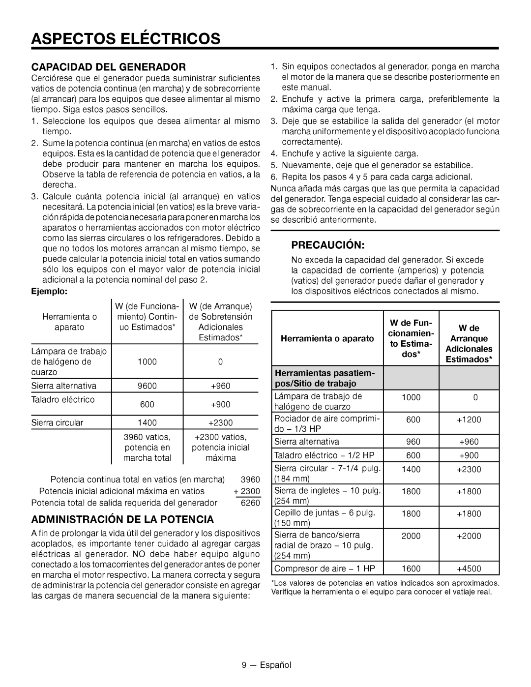 RIDGID RD8000, RD80011 manuel dutilisation Capacidad del generador, Administración DE LA Potencia 