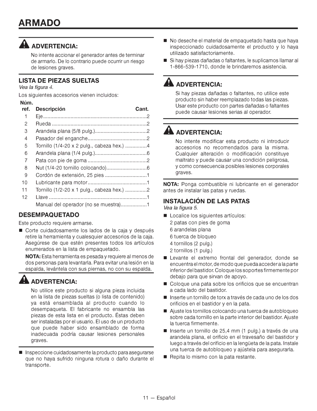 RIDGID RD8000, RD80011 Armado, LIsTa DE pIEzas sUElTas, Desempaquetado, Instalación de lAS patas, Núm Descripción Cant 