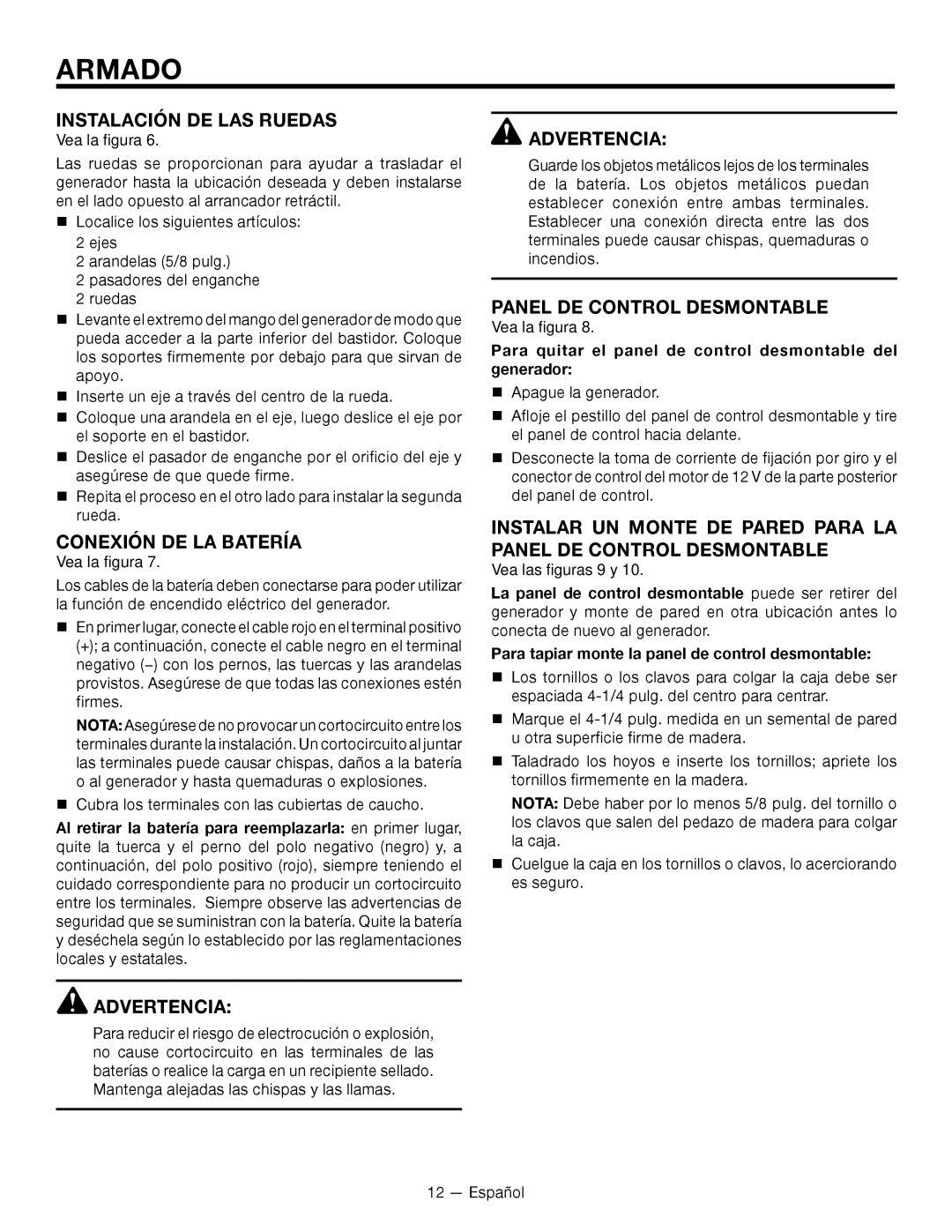 RIDGID RD80011 Instalación de las ruedas, Conexión DE LA Batería, Panel de control desmontable, Vea las figuras 9 y 