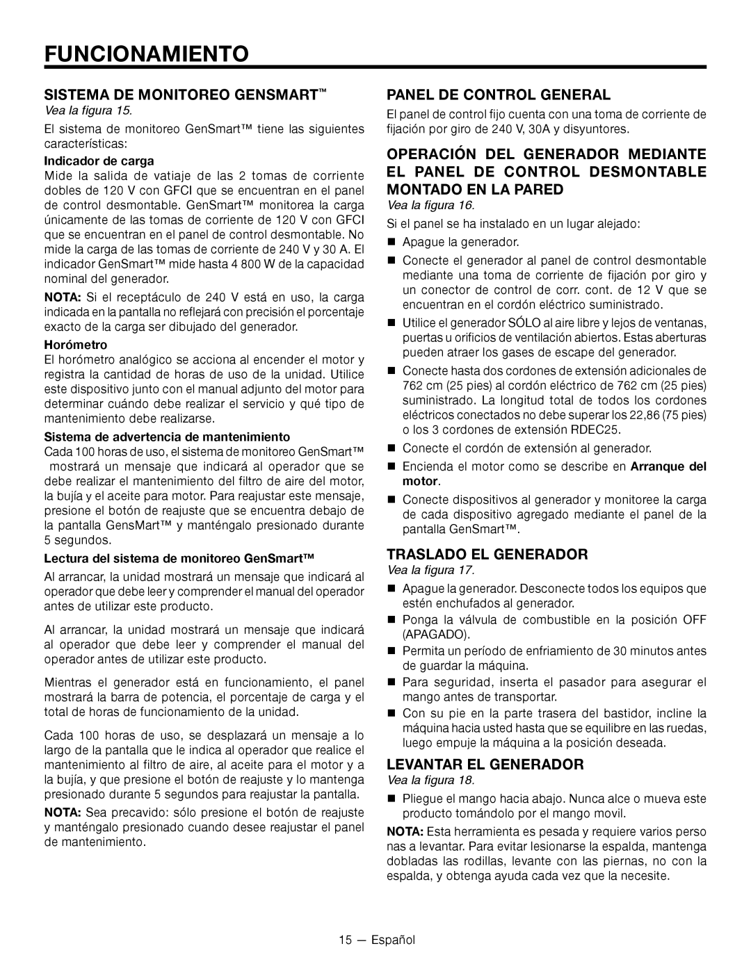 RIDGID RD8000, RD80011 manuel dutilisation Panel de control general, Traslado el generador, Levantar EL Generador 