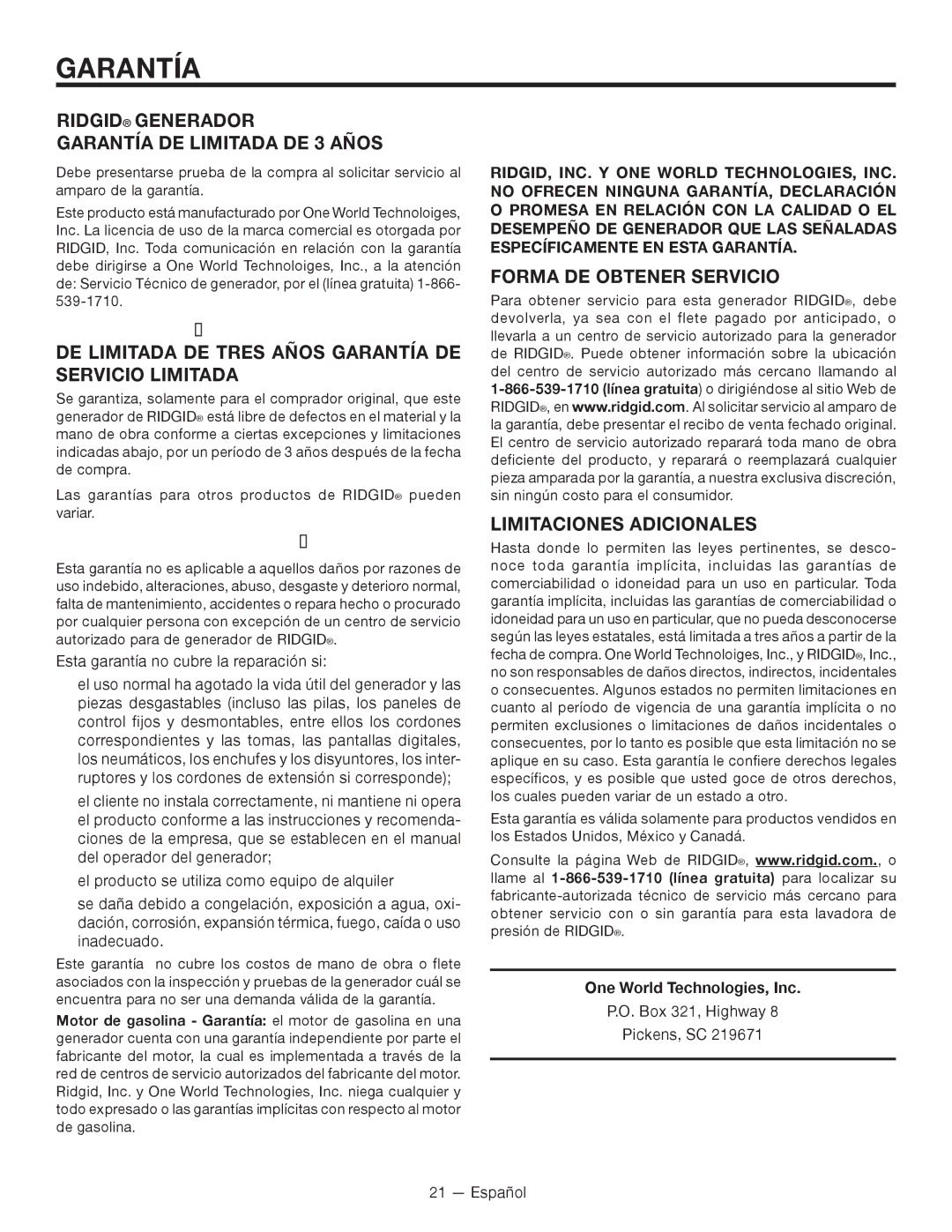 RIDGID RD8000, RD80011 manuel dutilisation Ridgid Generador, Garantía DE lIMITADA DE 3 Años, LO QUE no Está Cubierto 