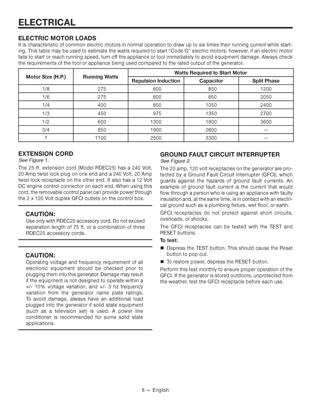 RIDGID RD80011, RD8000 Electric motor loads, Extension cord, Ground fault circuit interrupter, See Figure, To test 