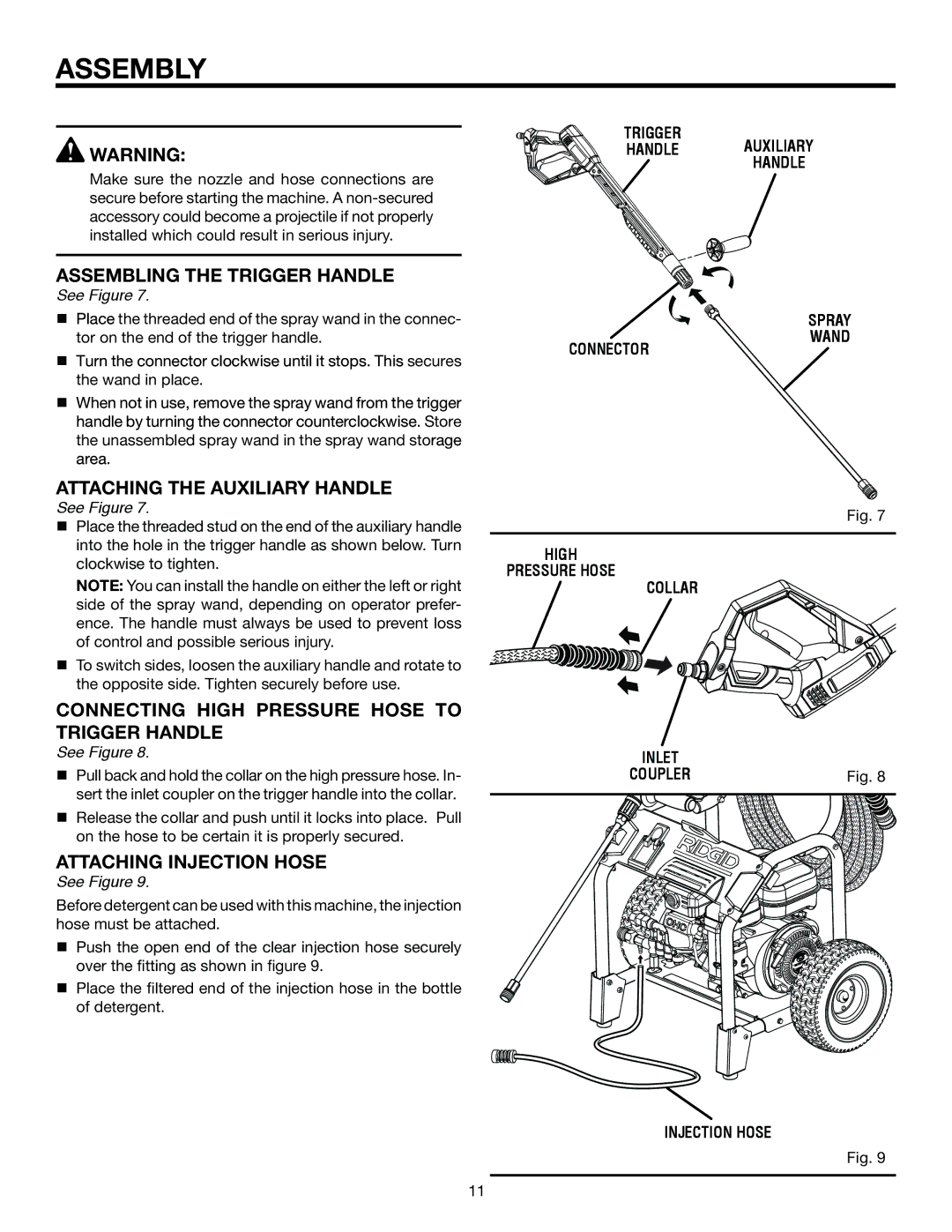 RIDGID RD80763 manual Assembling the trigger handle, Attaching the auxiliary handle, Connecting high pressure hose to 