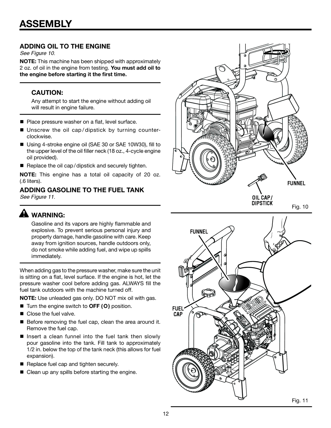 RIDGID RD80763 manual Adding oil to the engine, Adding gasoline to the Fuel tank, OIL CAP / Dipstick Funnel 