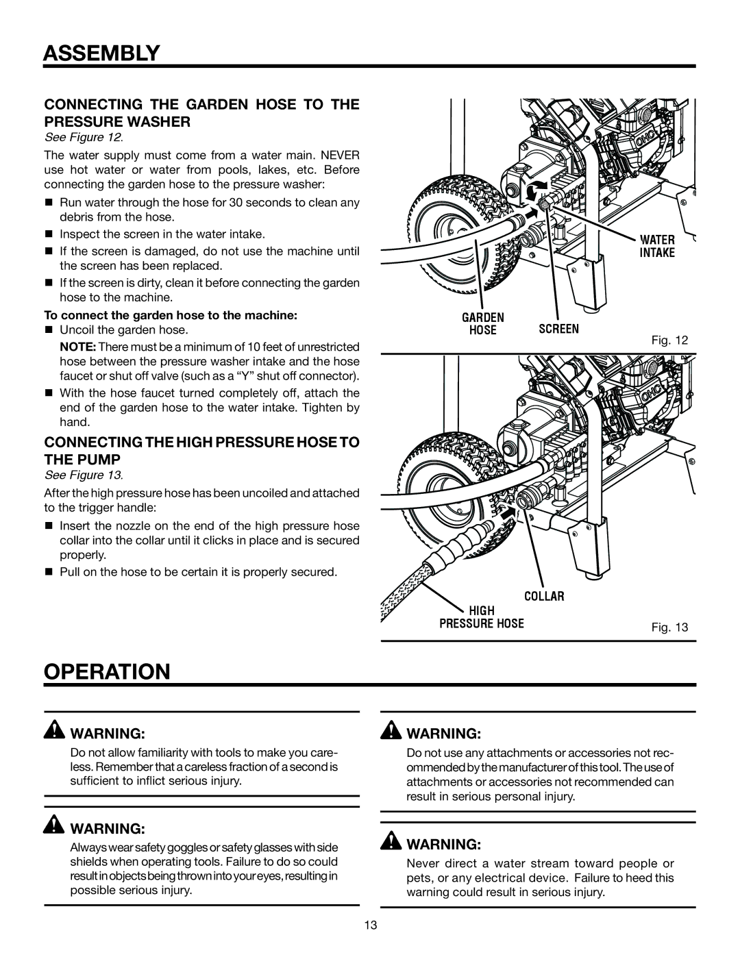 RIDGID RD80763 Operation, Connecting the garden hose to the pressure washer, Connecting the high pressure hose to the pump 