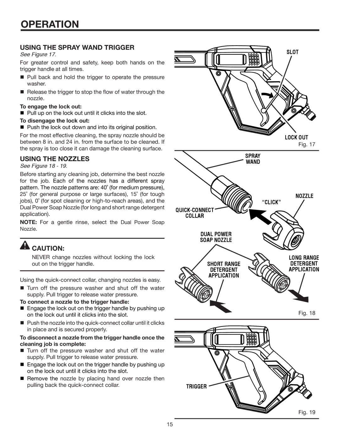 RIDGID RD80763 manual Operation, Using the spray wand trigger, Using the Nozzles, See 