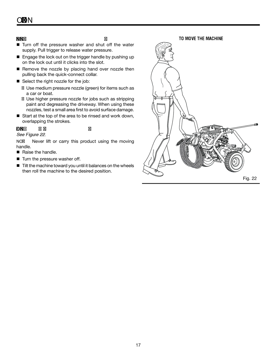 RIDGID RD80763 manual Rinsing with the pressure washer, Moving the pressure washer 