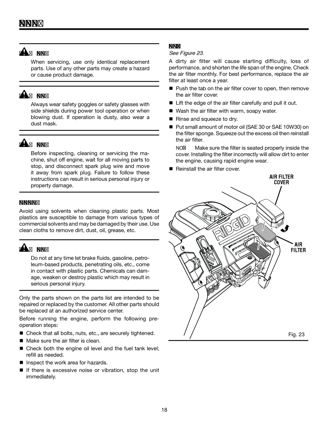 RIDGID RD80763 manual General Maintenance, Cleaning the air filter, AIR Filter Cover 