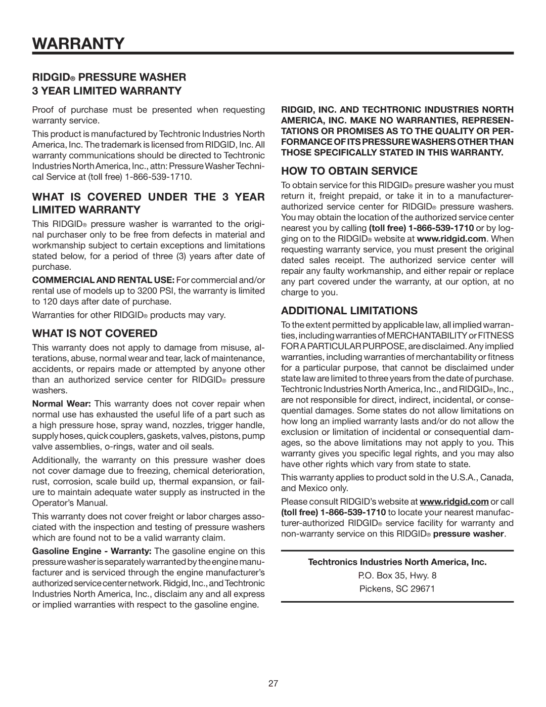 RIDGID RD80763 manual Ridgid Pressure Washer 3 Year Limited Warranty, What is Covered Under the 3 Year Limited Warranty 