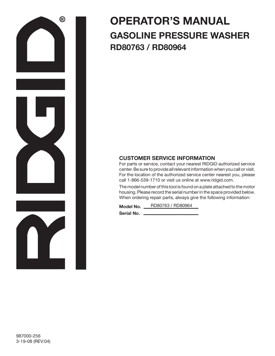 RIDGID manual Customer Service Information, Model No RD80763 / RD80964 Serial No 