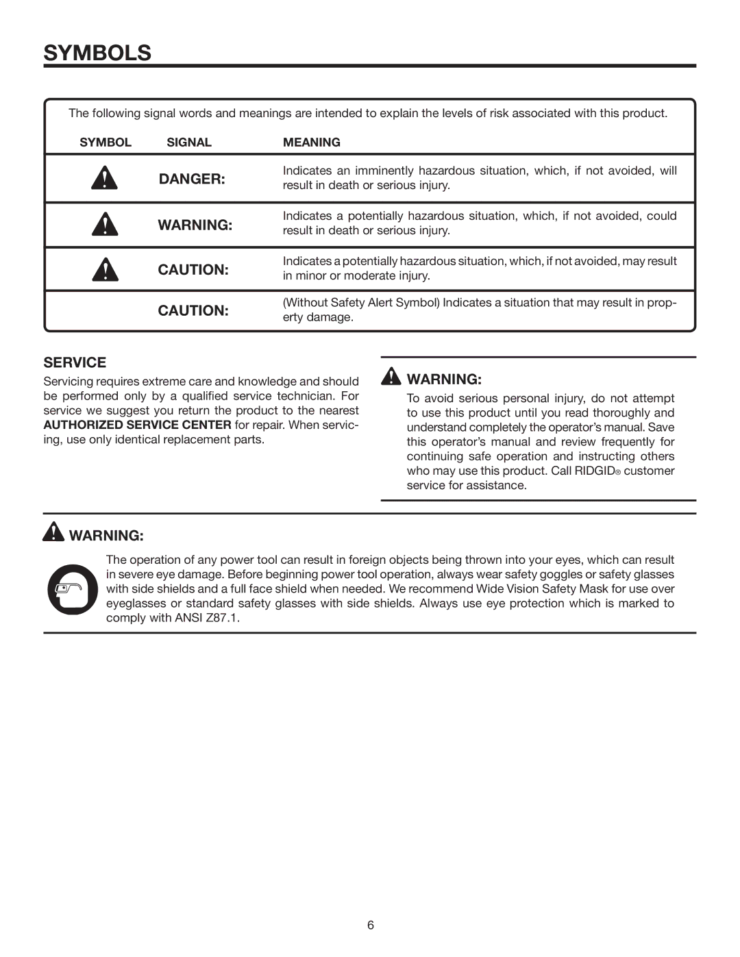 RIDGID RD80763 manual Service, Symbol Signal Meaning 