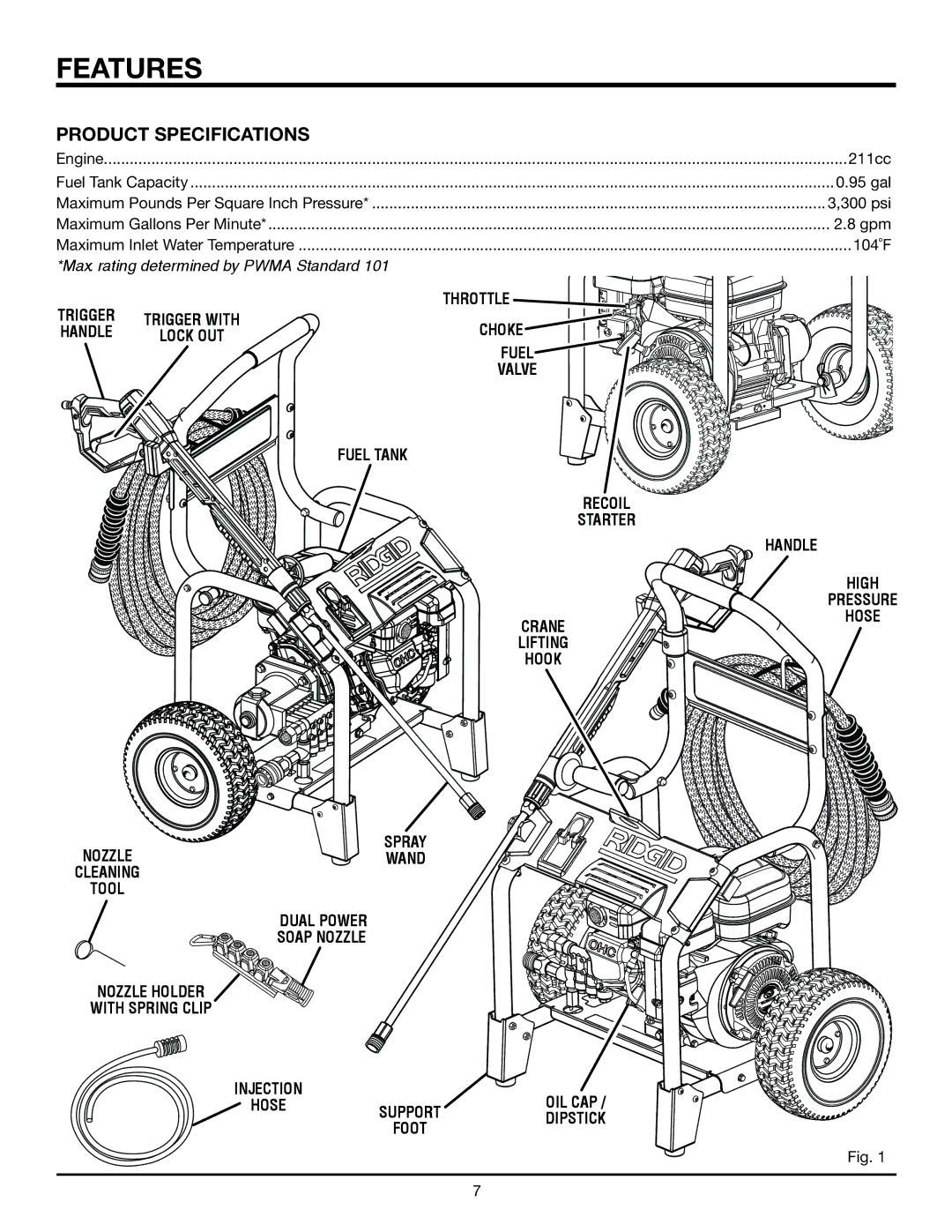 RIDGID RD80763 Features, Product Specifications, Max. rating determined by Pwma Standard, Recoil, OIL CAP Dipstick Handle 