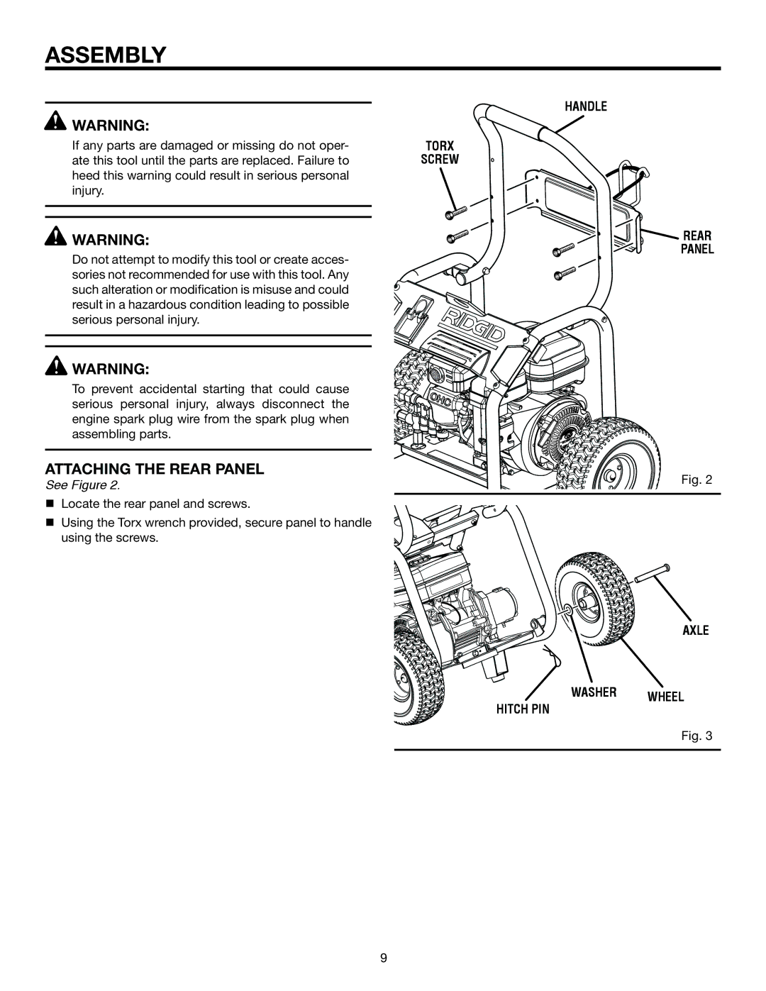 RIDGID RD80763 manual Attaching the rear panel, Handle Torx Screw Rear panel, Axle, Washer wheel hitch pin 