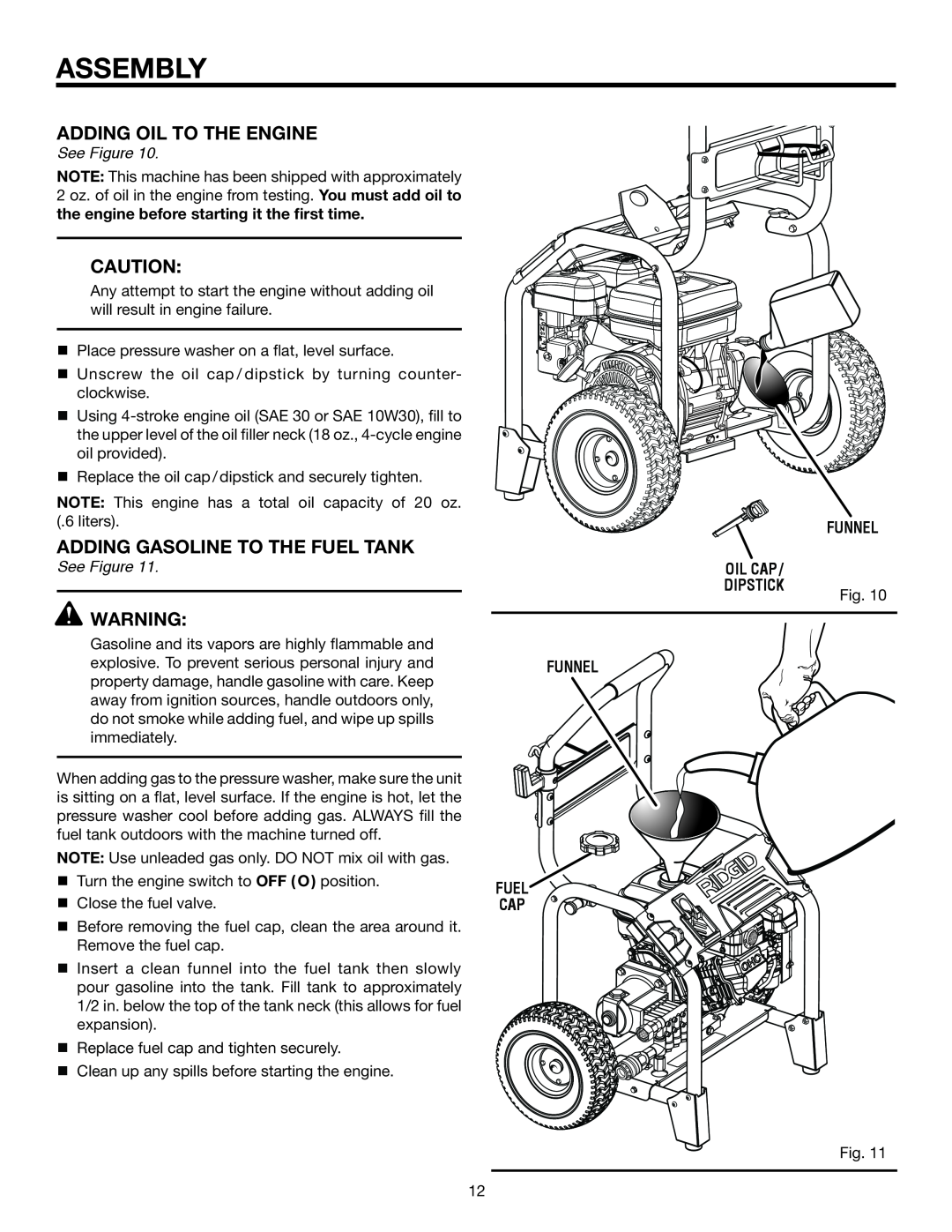 RIDGID RD80763 manual adding oil to the engine, adding gasoline to THE FUEL tank, Funnel, Oil Cap / , Dipstick, Assembly 