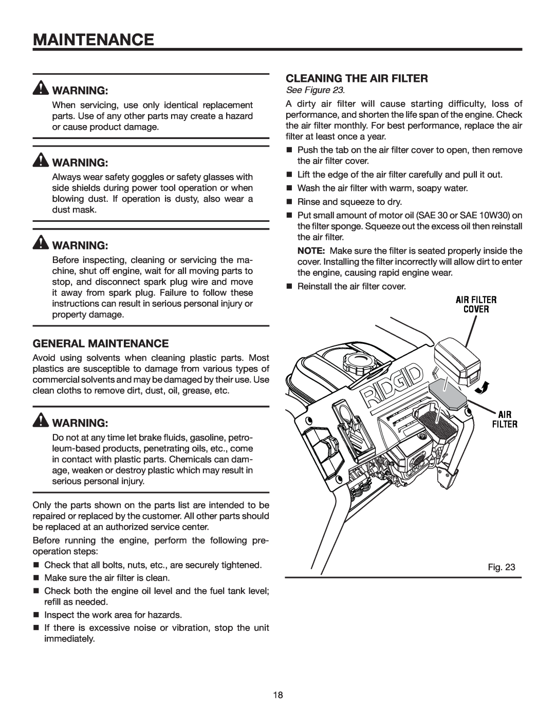 RIDGID RD80763 manual General Maintenance, cleaning the air filter, Air Filter Cover Air Filter, See Figure 