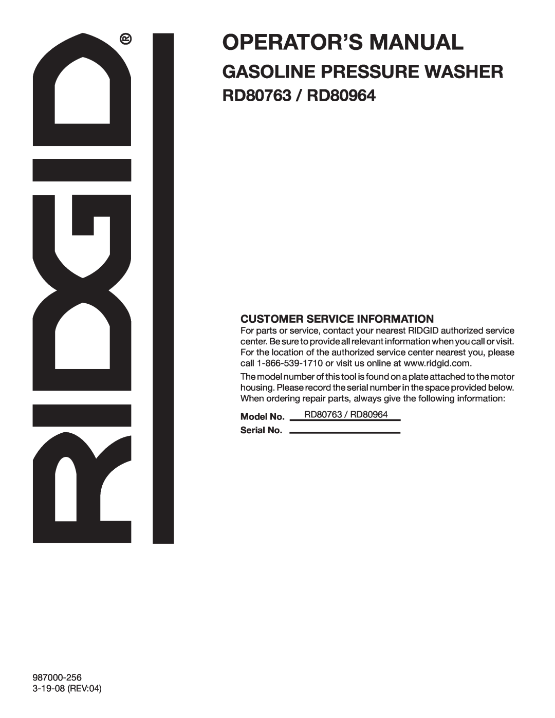 RIDGID manual RD80763 / RD80964, Customer Service Information, Model No, Serial No, Operator’S Manual 