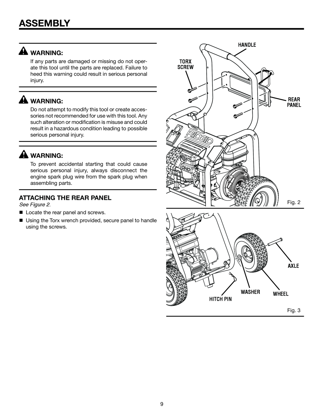 RIDGID RD80763 attaching the rear panel, handle torx screw rear panel, AXLE WASHER wheel hitch pin, Assembly, See Figure 