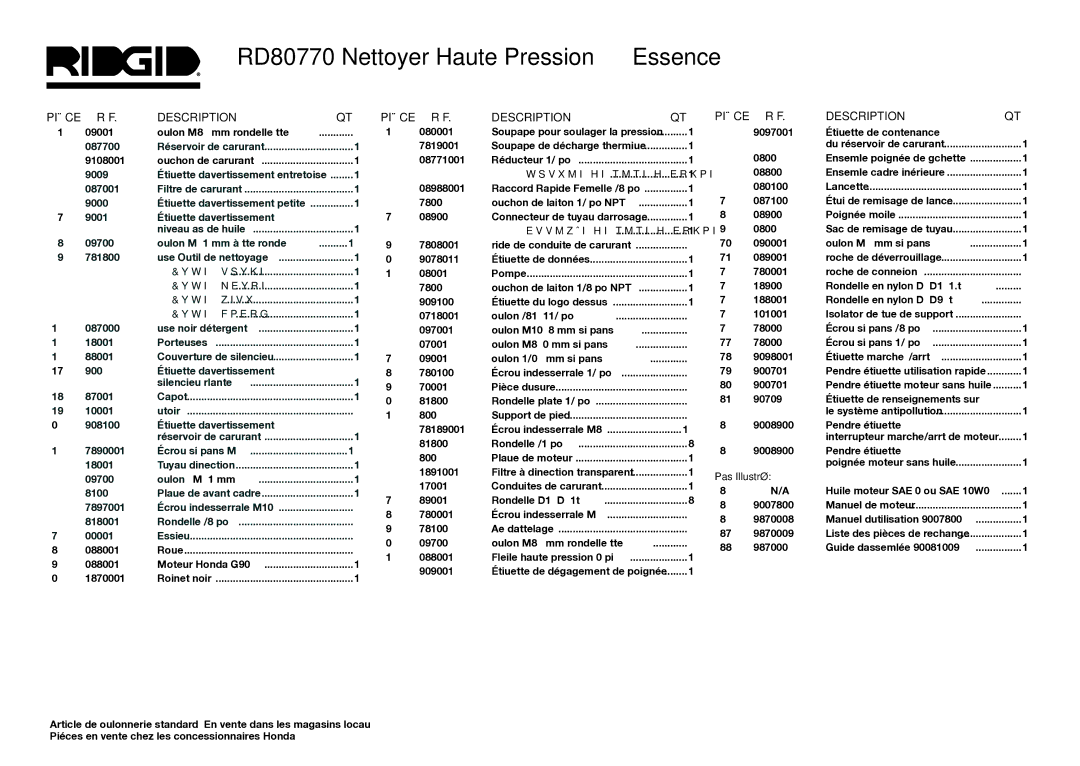 RIDGID manual RD80770 Nettoyer Haute Pression à Essence, Pièce RÉF Description QTÉ, Pas Illustré 