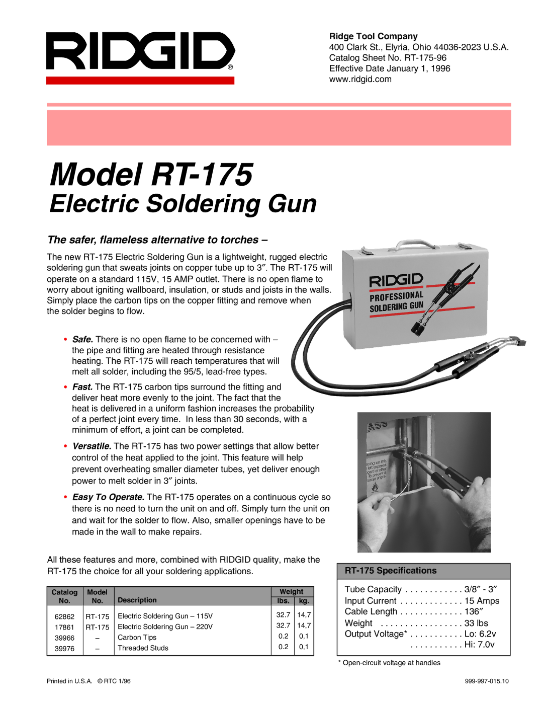 RIDGID RT-175 196 specifications Model RT-175, Electric Soldering Gun, Safer, flameless alternative to torches 