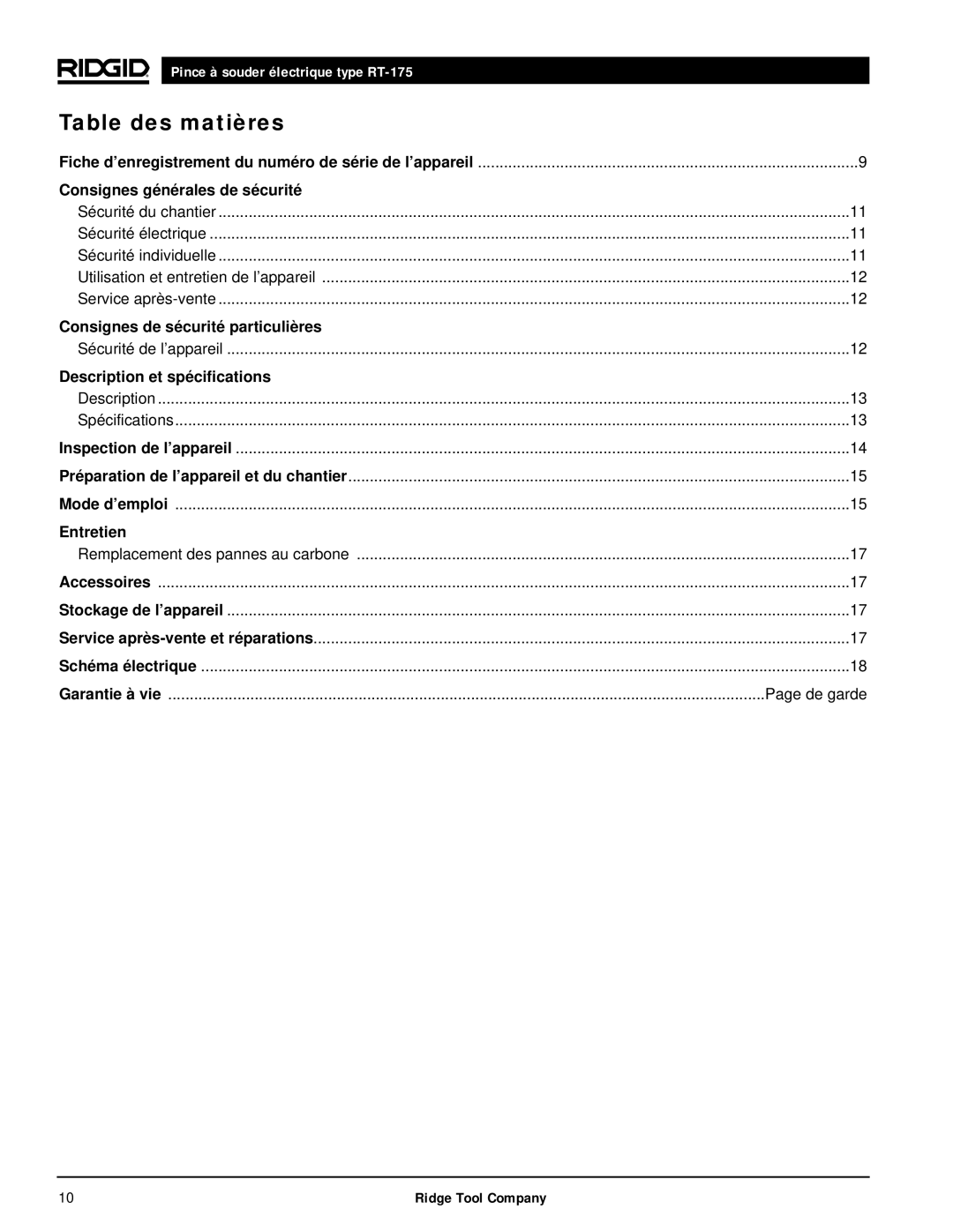 RIDGID RT-175 manual Table des matières, Consignes générales de sécurité 