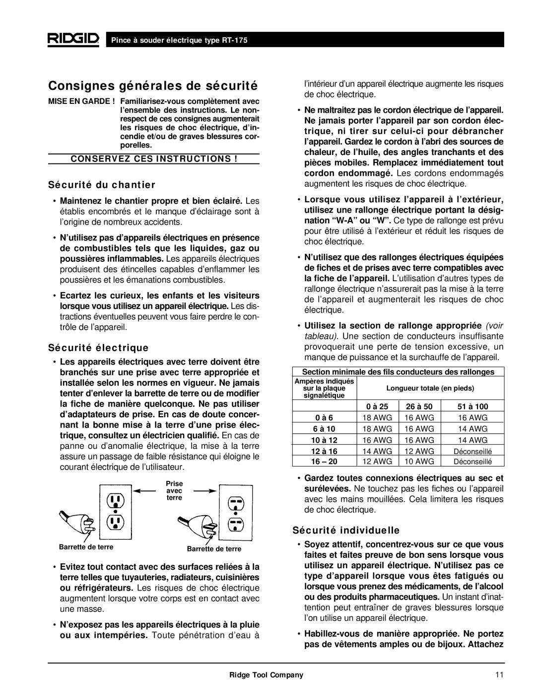 RIDGID RT-175 manual Consignes générales de sécurité, Sécurité du chantier, Sécurité électrique, Sécurité individuelle 