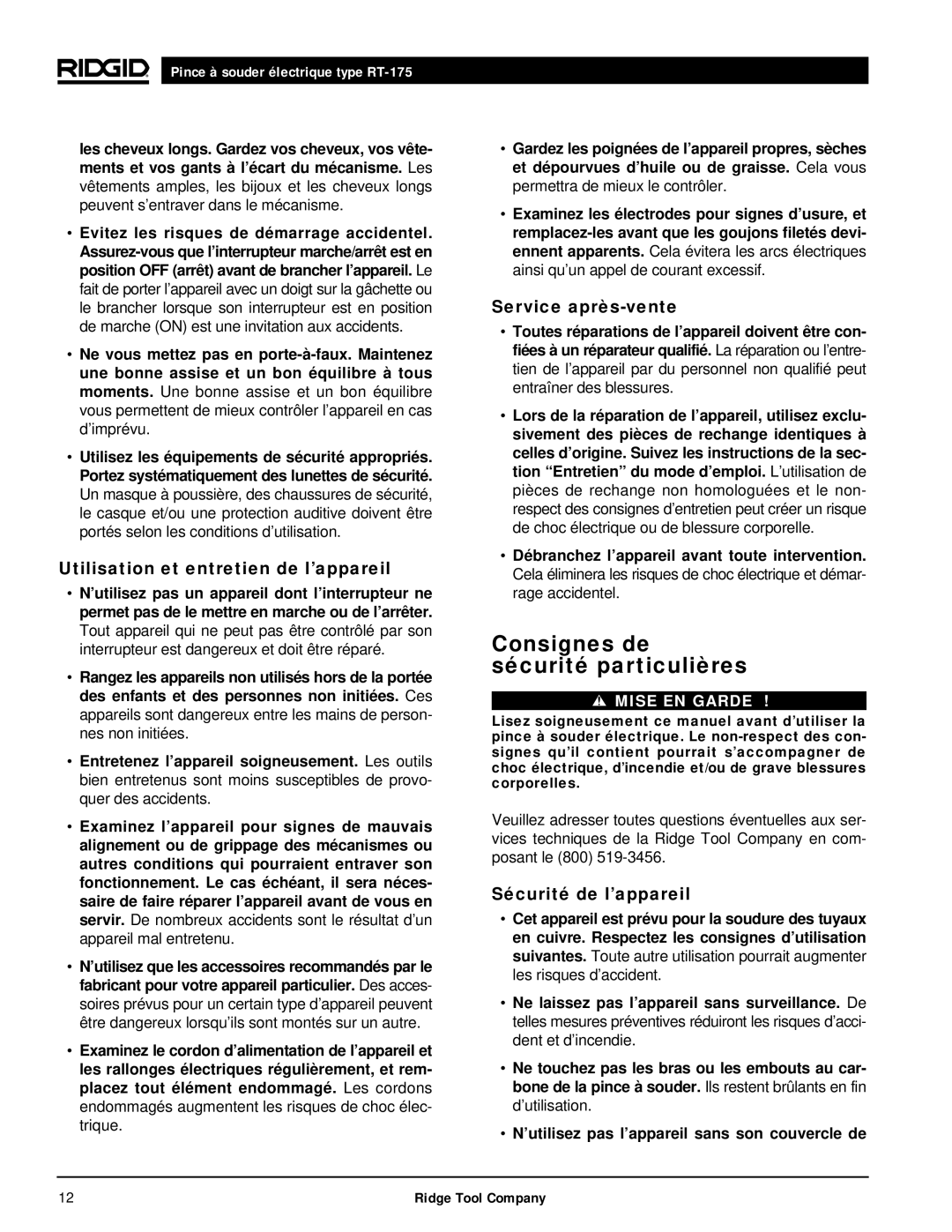 RIDGID RT-175 manual Consignes de sécurité particulières, Utilisation et entretien de l’appareil, Service après-vente 