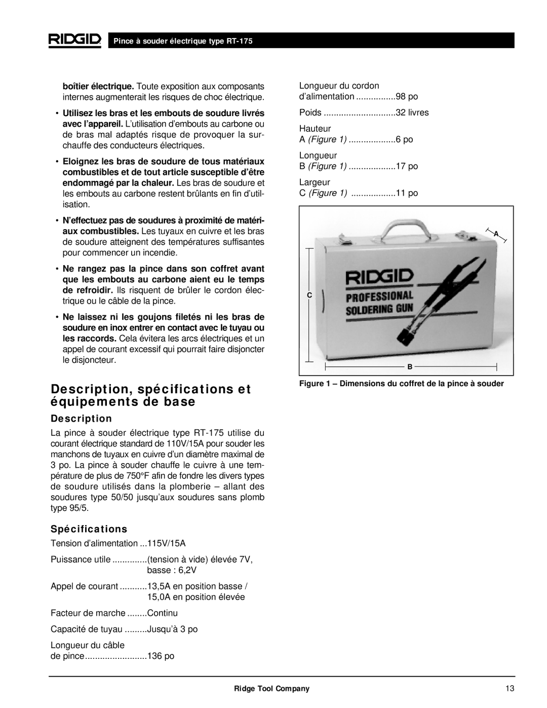 RIDGID RT-175 manual Description, spécifications et équipements de base, Spécifications 