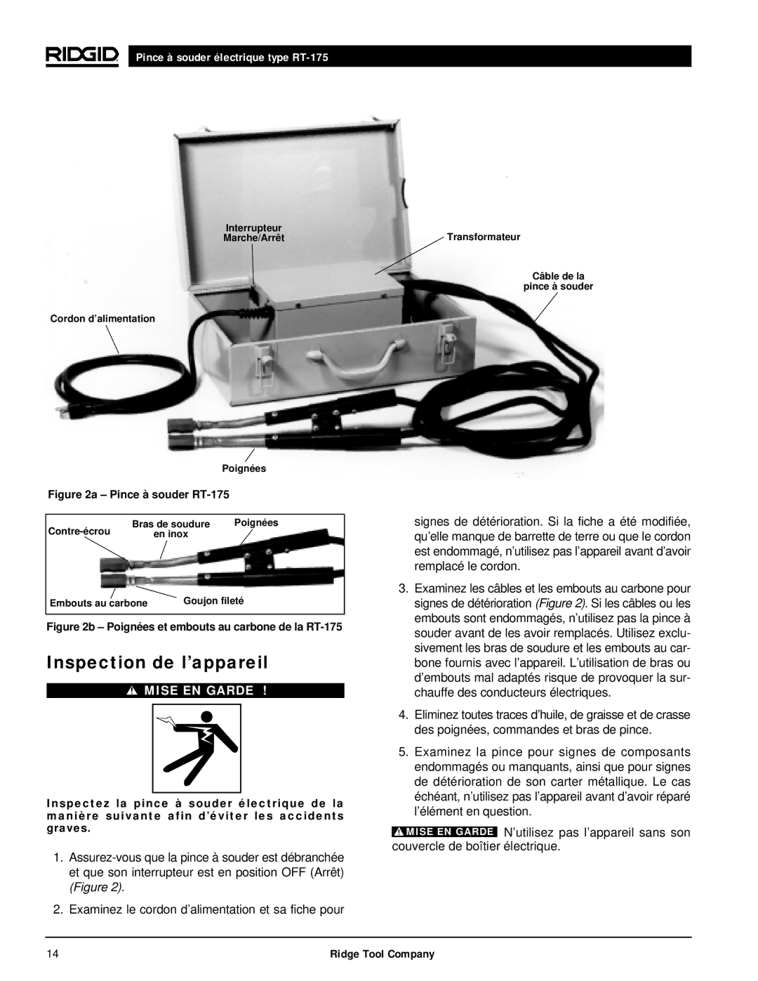 RIDGID manual Inspection de l’appareil, Pince à souder RT-175 