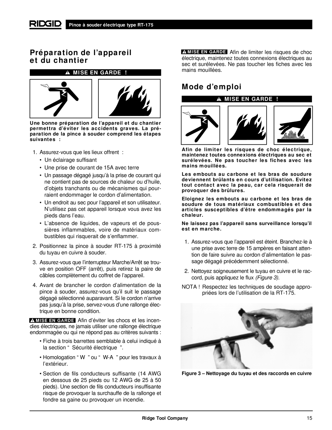 RIDGID RT-175 manual Préparation de l’appareil et du chantier, Mode d’emploi 