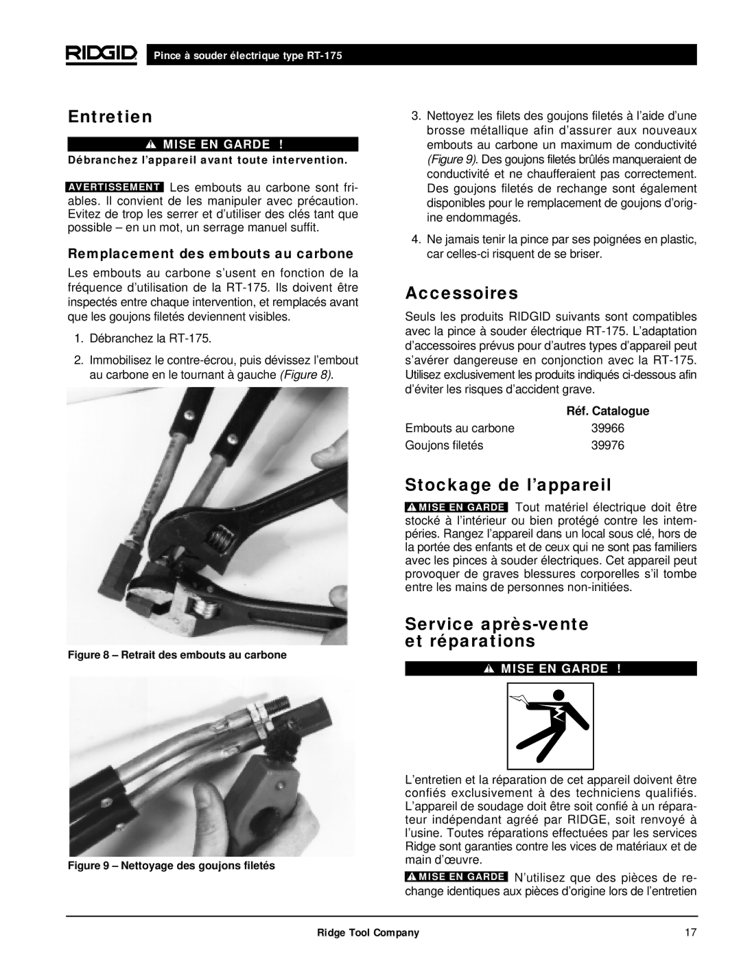 RIDGID RT-175 manual Entretien, Accessoires, Stockage de l’appareil, Service après-vente et réparations 