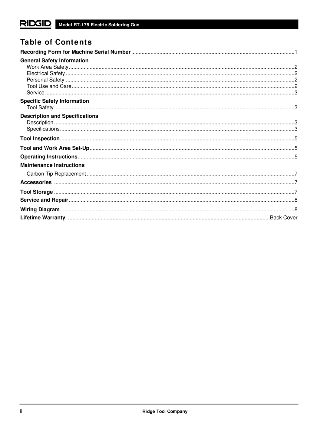 RIDGID RT-175 manual Table of Contents 