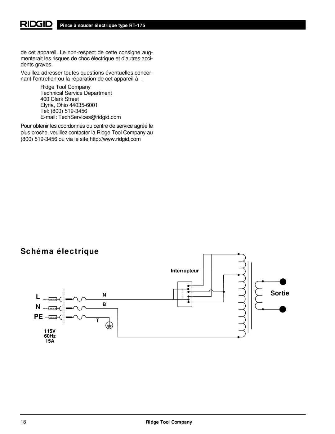 RIDGID RT-175 manual Schéma électrique, Sortie 