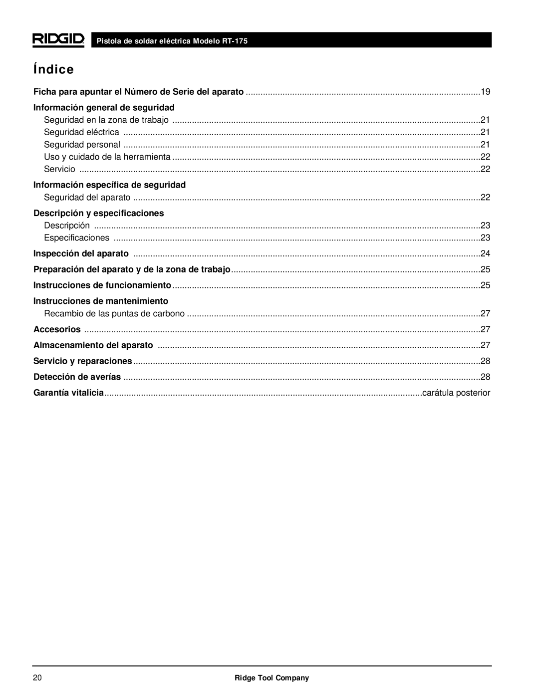 RIDGID RT-175 manual Índice, Información general de seguridad 