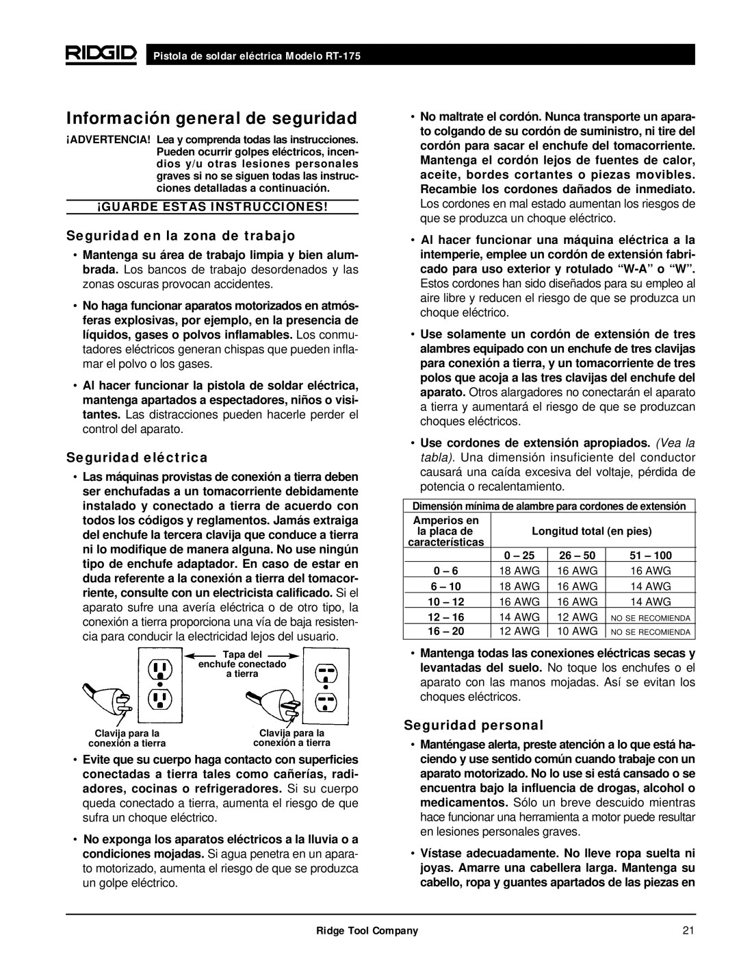 RIDGID RT-175 Información general de seguridad, Seguridad en la zona de trabajo, Seguridad eléctrica, Seguridad personal 