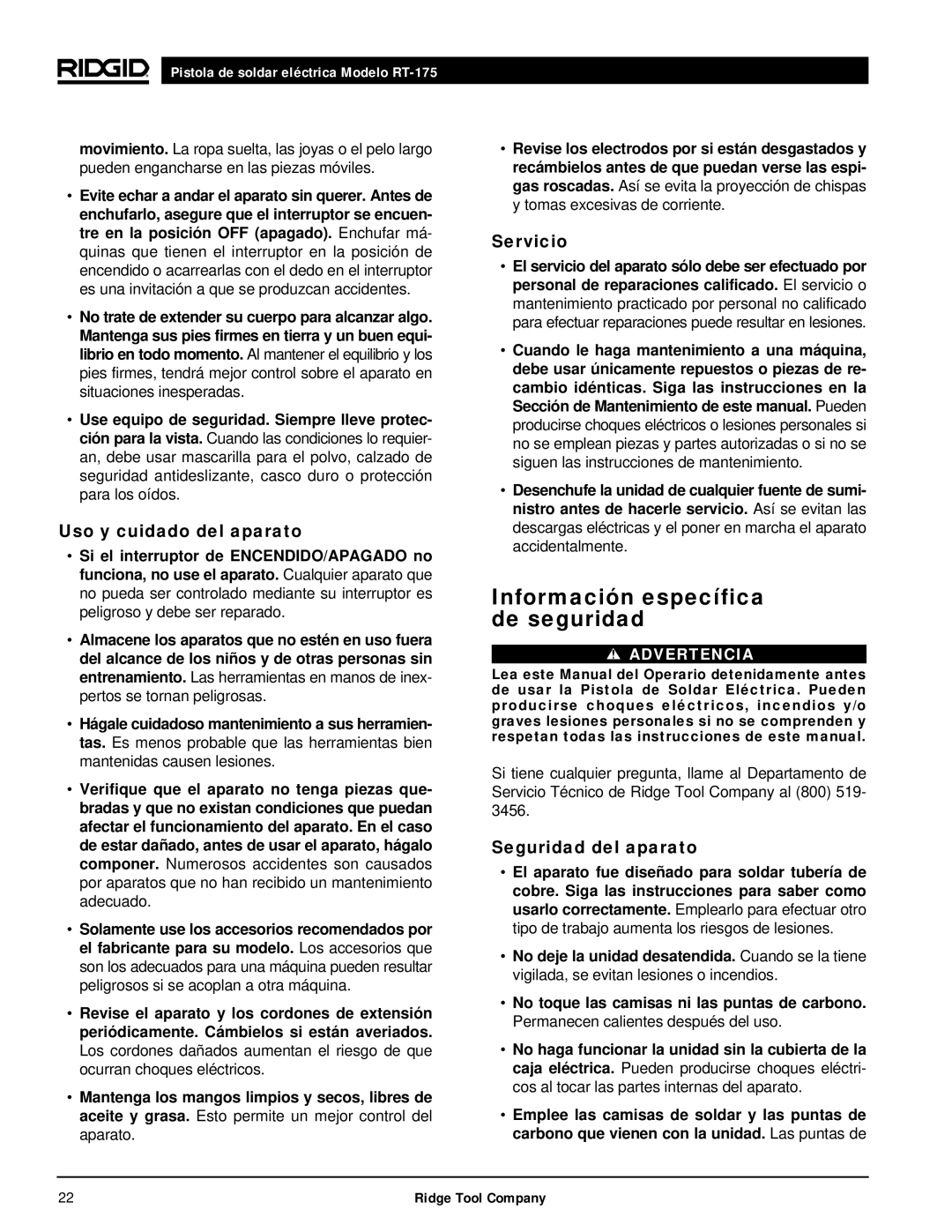 RIDGID RT-175 manual Información específica de seguridad, Uso y cuidado del aparato, Servicio, Seguridad del aparato 