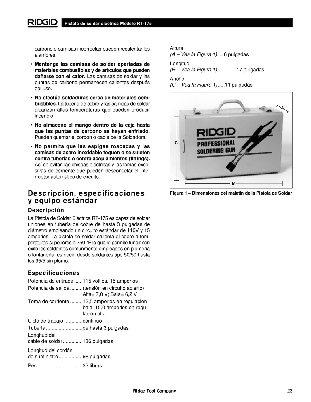 RIDGID RT-175 manual Descripción, especificaciones y equipo estándar, Especificaciones 