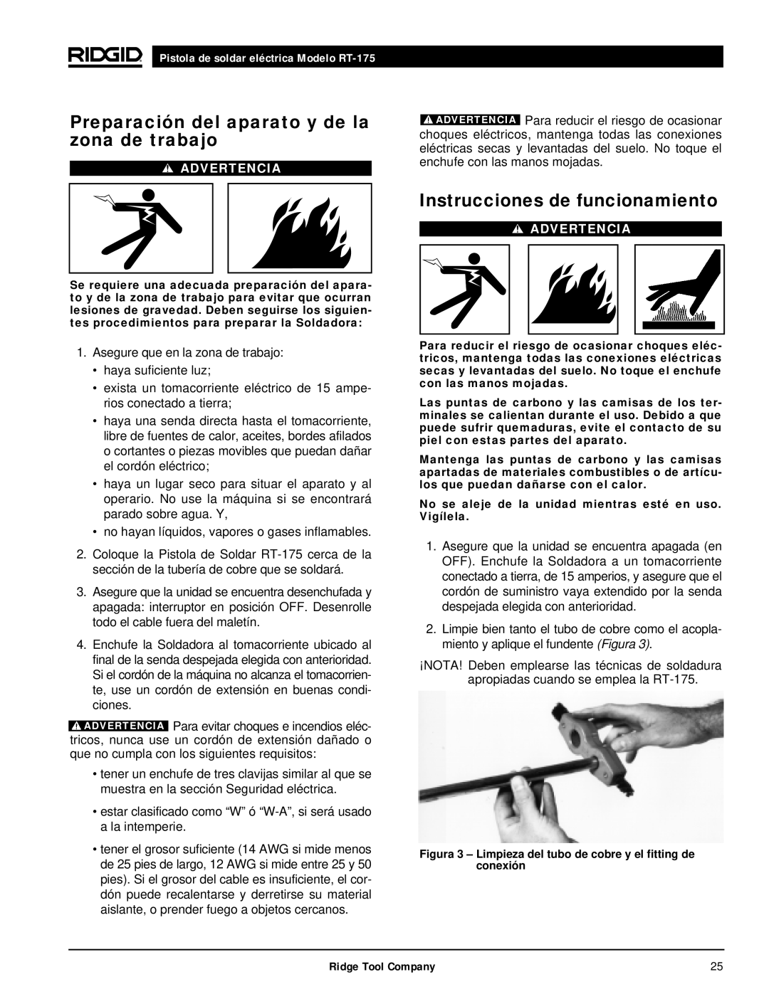 RIDGID RT-175 manual Preparación del aparato y de la zona de trabajo, Instrucciones de funcionamiento 