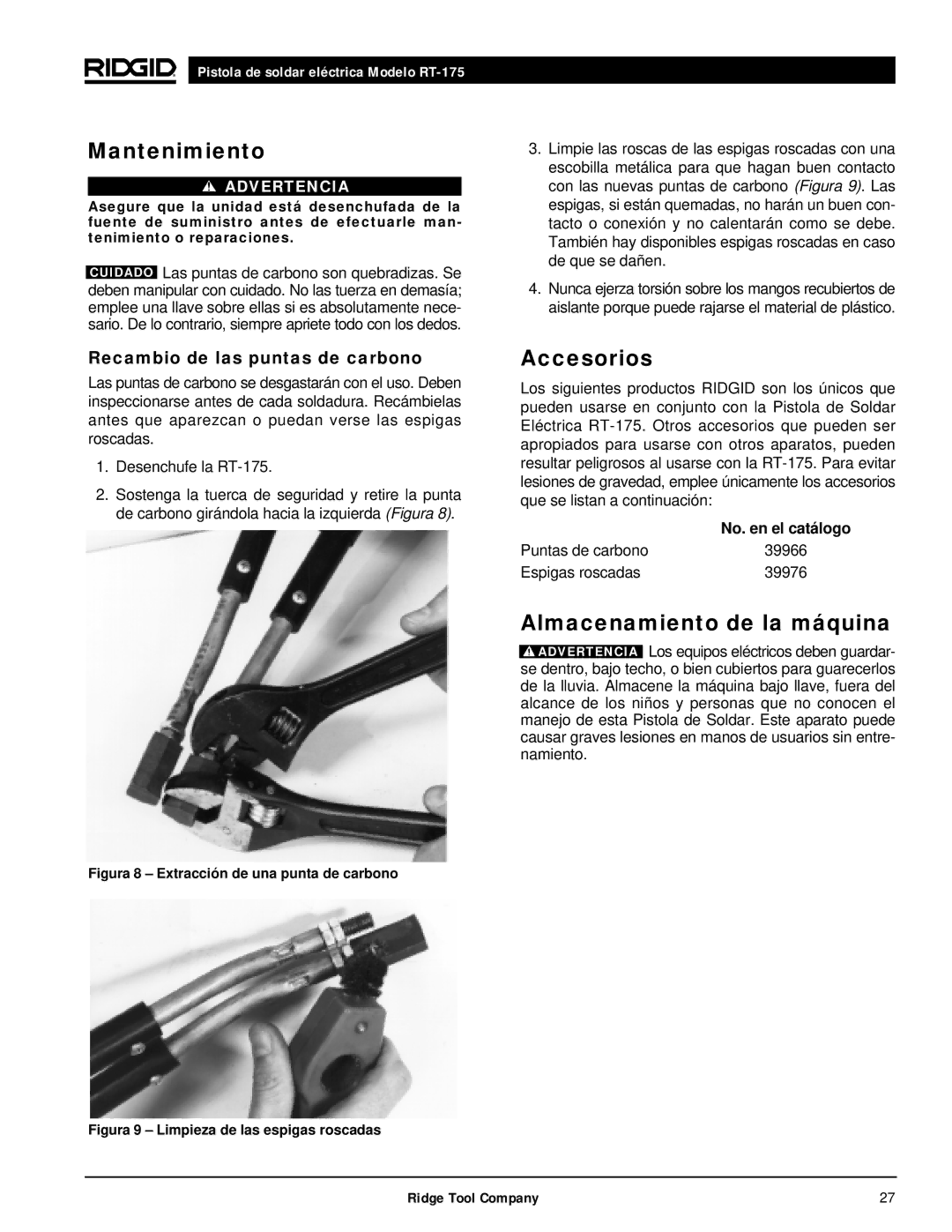 RIDGID RT-175 manual Mantenimiento, Accesorios, Almacenamiento de la máquina, Recambio de las puntas de carbono 