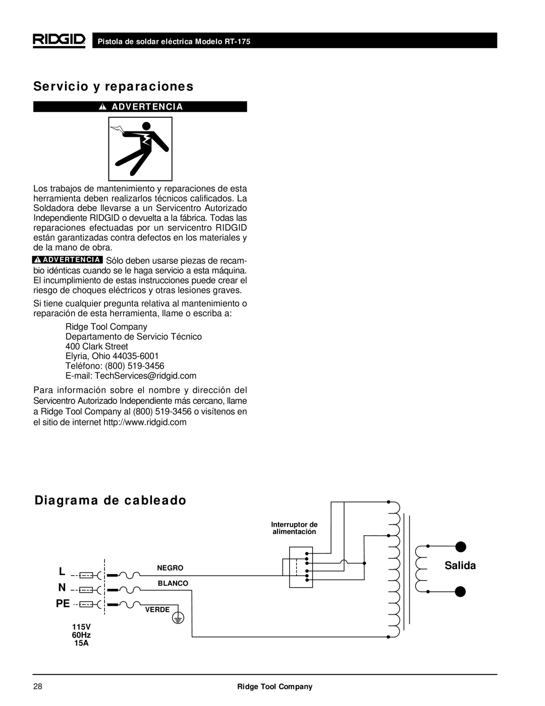 RIDGID RT-175 manual Servicio y reparaciones, Diagrama de cableado, Salida 