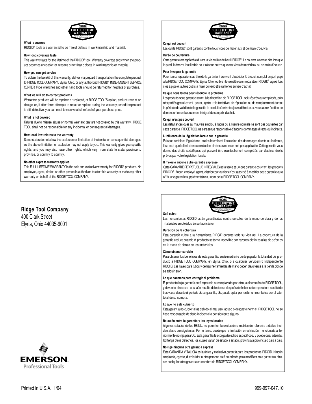 RIDGID RT-175 manual Ridge Tool Company, How long coverage lasts 