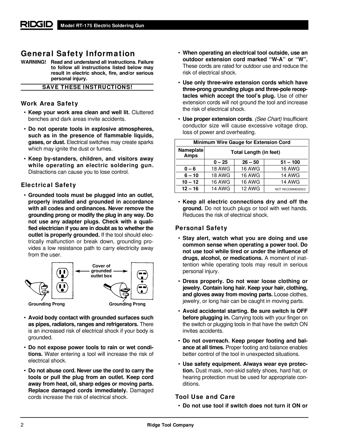 RIDGID RT-175 manual General Safety Information, Work Area Safety, Electrical Safety, Personal Safety, Tool Use and Care 