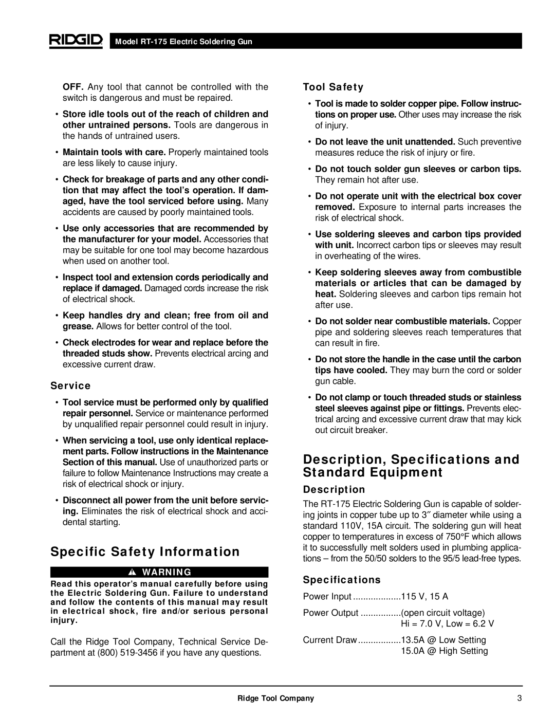 RIDGID RT-175 manual Specific Safety Information, Description, Specifications and Standard Equipment 