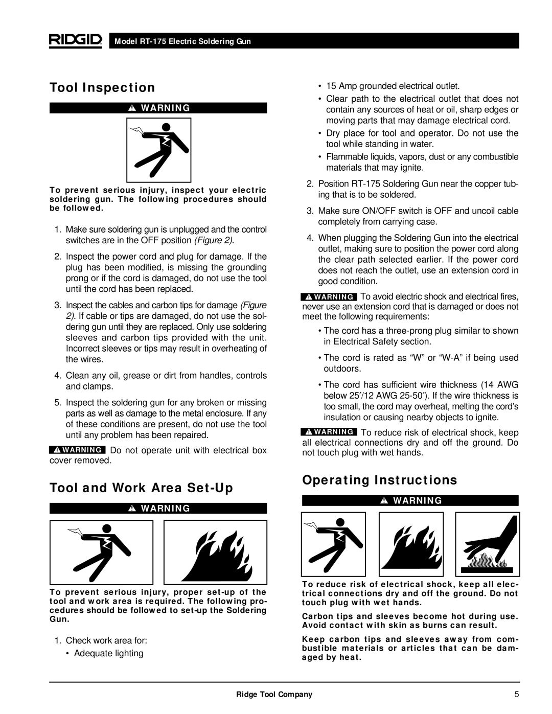 RIDGID RT-175 manual Tool Inspection, Tool and Work Area Set-Up, Operating Instructions 